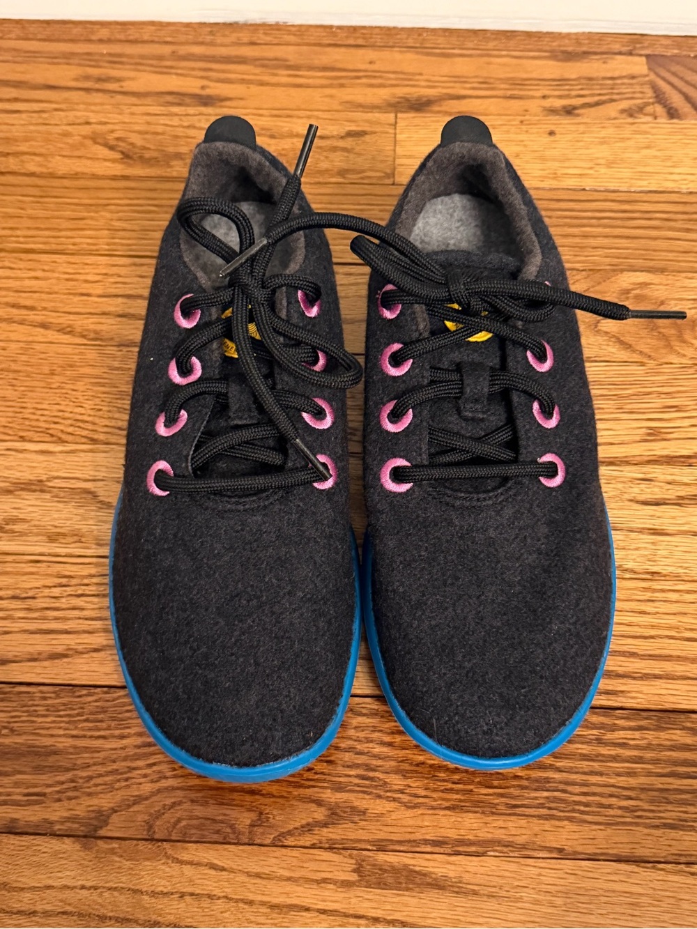 Allbirds Wool Runner Sneakers with Pink Eyelets and Blue Sole